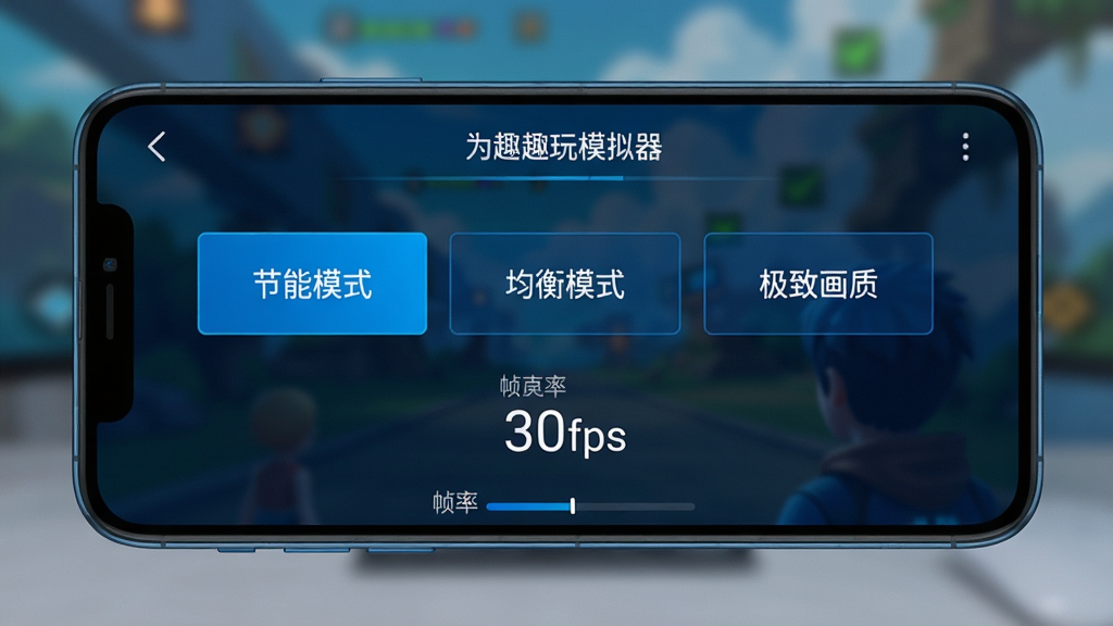 手机屏幕显示人偶趣玩模拟器的性能设置界面,有“节能模式”“均衡模式”“极致画质”三个选项,下方有帧率数字显示30fps,背景模糊化,界面简洁,配色科技蓝,画质高清,干净。